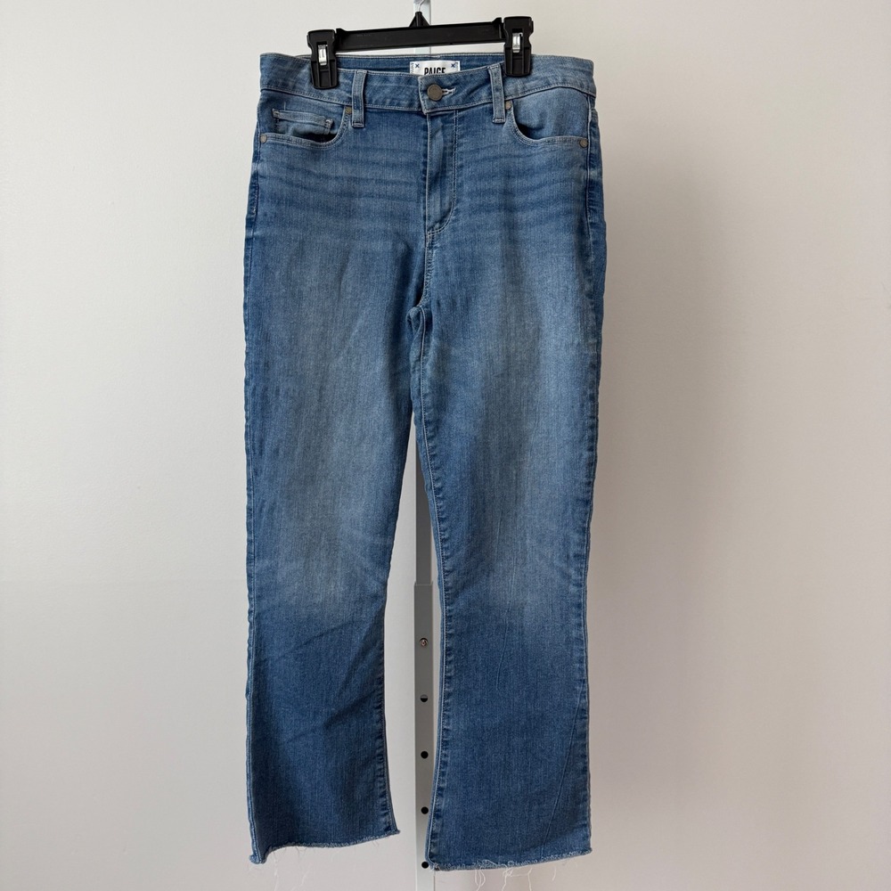 PAIGE sz 29 Rory Crop Flare Jeans Blue Raw Hem High Rise Stretch Denim Casual
